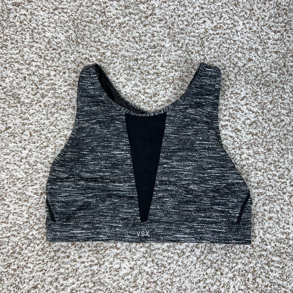VSX Sports Bra Womens Small‎ Black Gray High Neck Mesh Athletic Victorias Secret